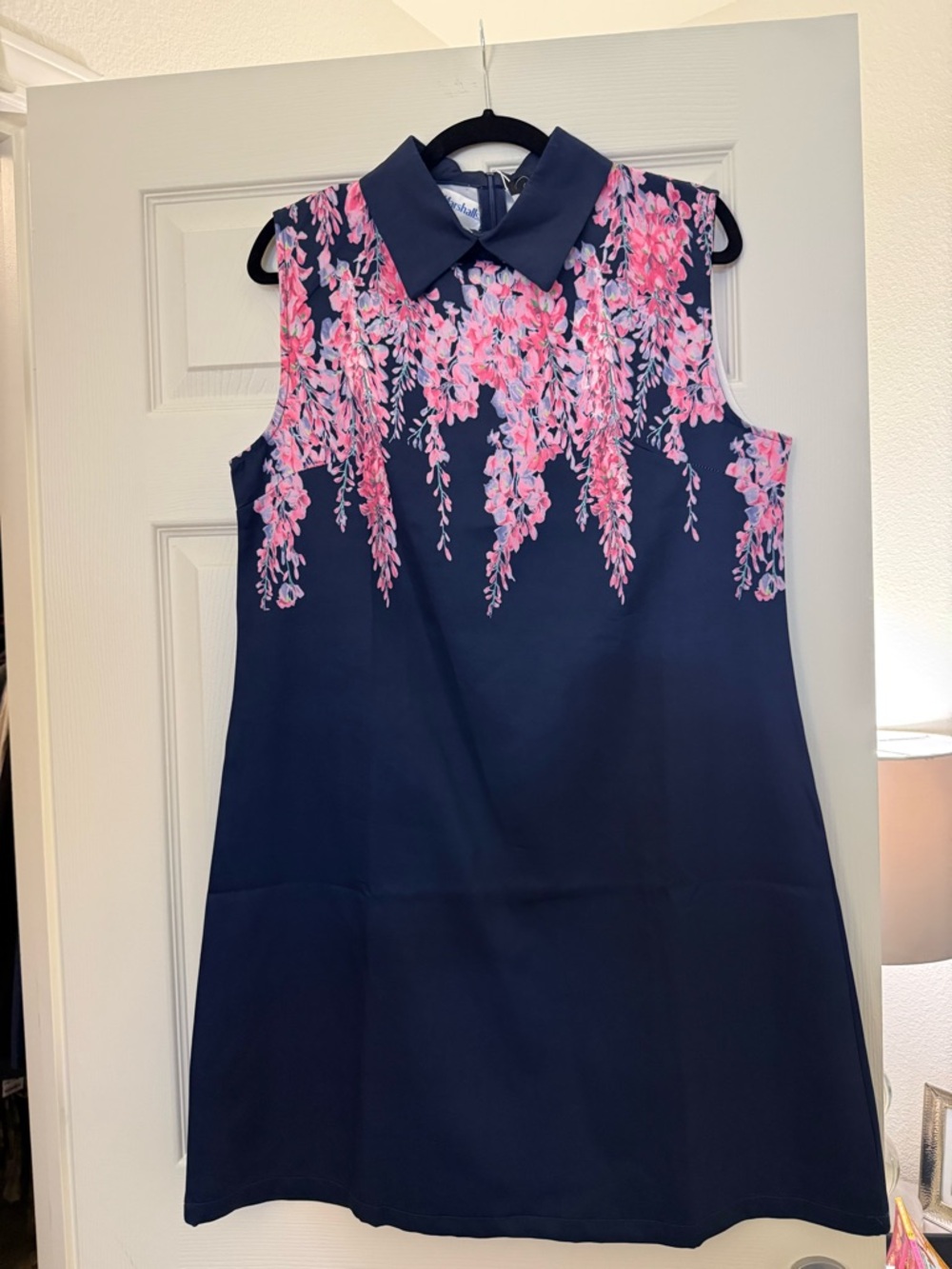 Navy Sleeveless Mini Dress with Pink Floral Drape - Unbranded